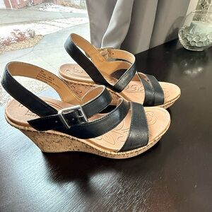 Boc Black Leather Wedge Sandals